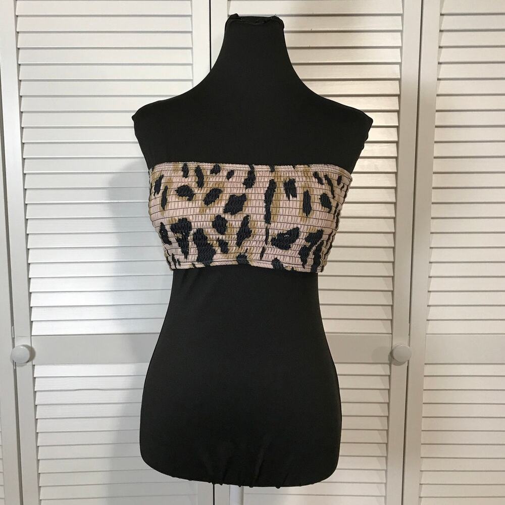 Shein Swimwear Y2K Boho Leopard Built-in Smocked Bandeau Bikini Top Women M